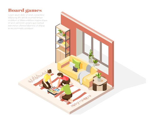 Family vacation at home isometric composition with people sitting on floor and playing together board game vector illustration