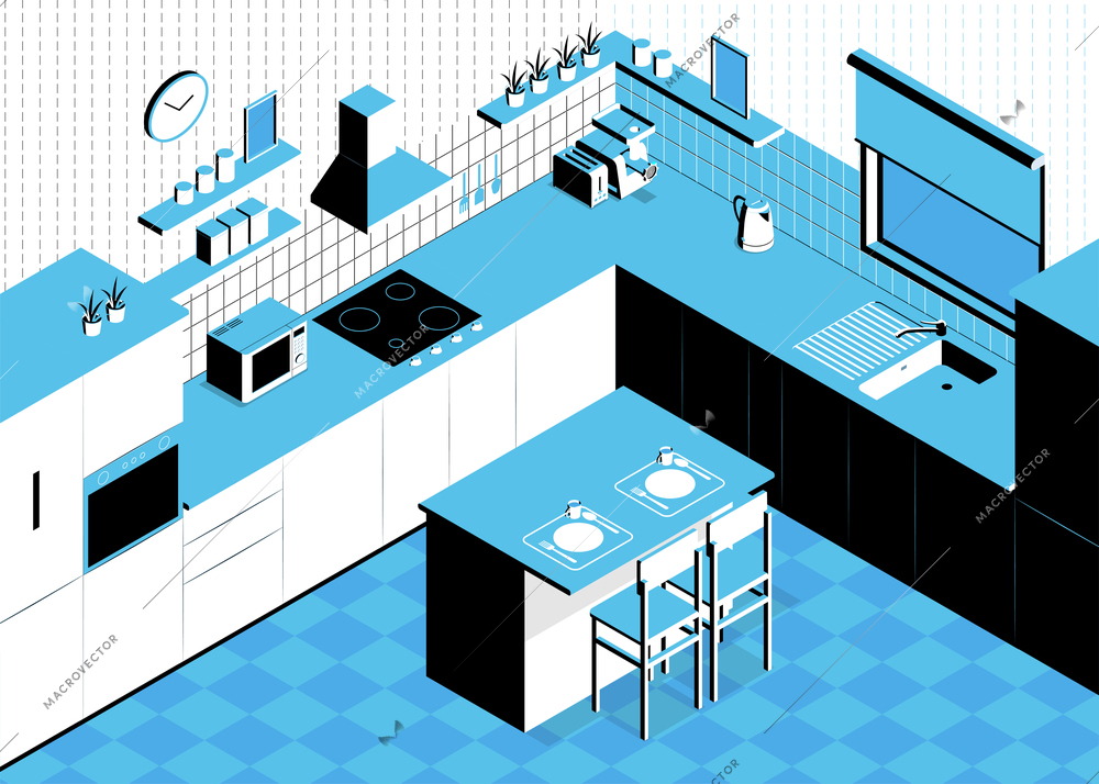 Isometric kitchen composition with indoor scenery table and walls with cabinets and kitchenware sink and oven vector illustration