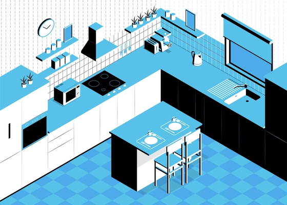 Isometric kitchen composition with indoor scenery table and walls with cabinets and kitchenware sink and oven vector illustration