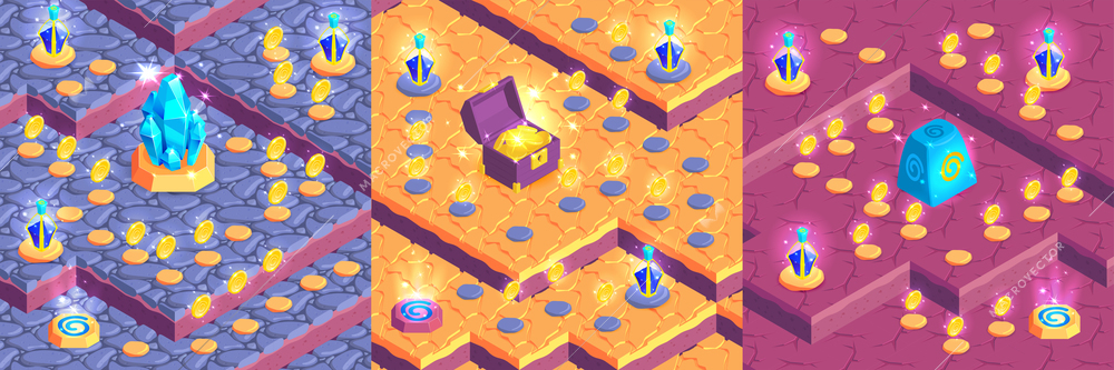 Isometric game landscape design concept with gaming levels and glowing jewels coins with rows on platforms vector illustration