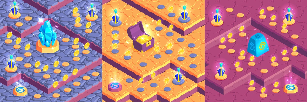 Isometric game landscape design concept with gaming levels and glowing jewels coins with rows on platforms vector illustration