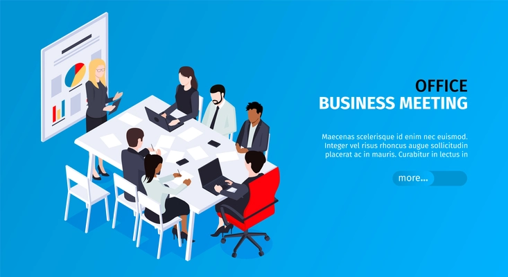 Isometric business men horizontal banner with editable text more button and group of coworkers on meeting vector illustration