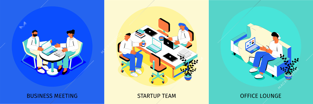 Business people teamwork concept 3 isometric colorful background compositions with office lounge startup team meeting vector illustration