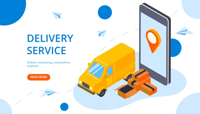 Delivery service web page template with yellow van smartphone location tracker packages isometric horizontal banner vector illustration