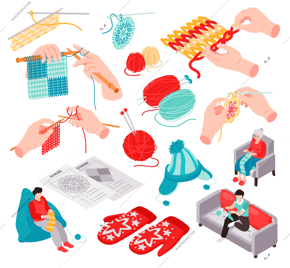 Isometric knitting set with isolated colourful icons and images of human hands with needles and clue vector illustration
