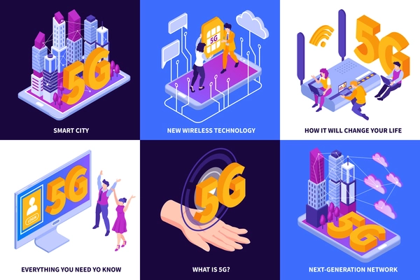 Isometric 5g internet design concept with square compositions of gadget icons human hands and text captions vector illustration