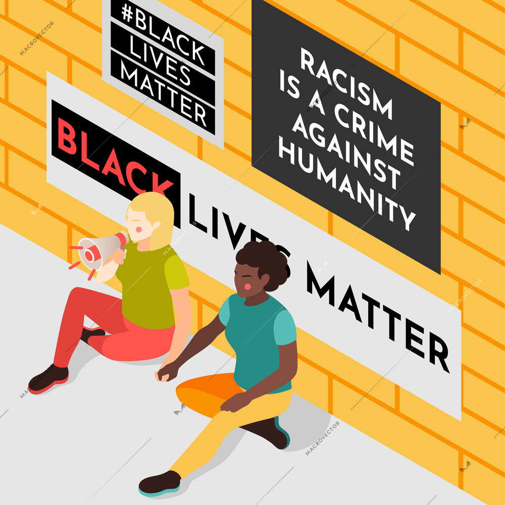 Black lives matter movement activists shouting slogans over loudspeaker with anti racial posters on background vector illustration