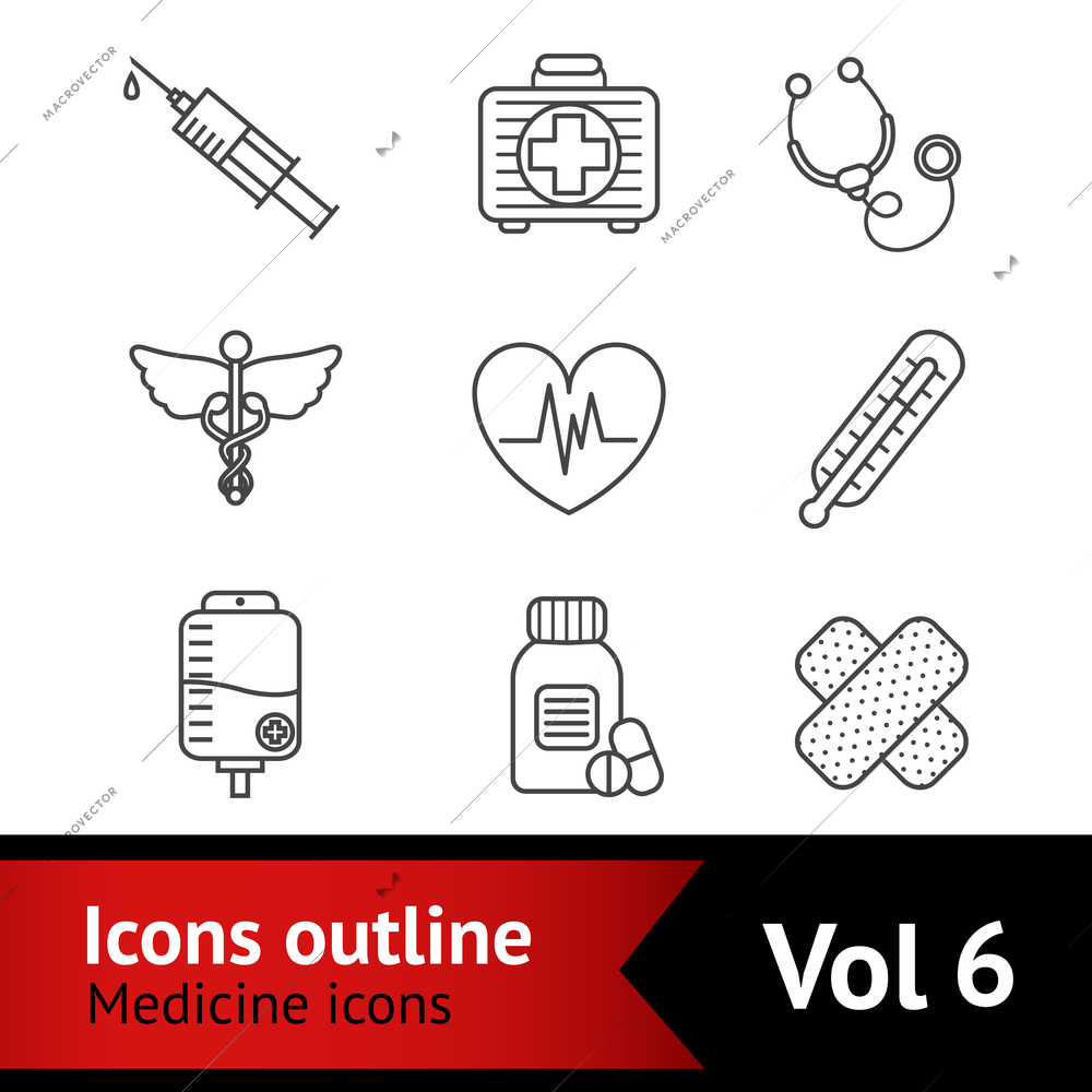 First aid bandage kit medical assistance symbols and therapeutic drugs pills outline pictograms collection isolated vector illustration