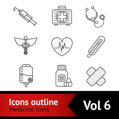 First aid bandage kit medical assistance symbols and therapeutic drugs pills outline pictograms collection isolated vector illustration