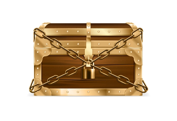 Closed wooden treasure realistic chest secured with chain and padlock vintage vector illustration