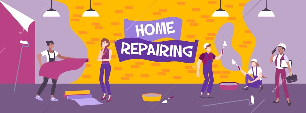 Repairs home composition of flat images with human characters of designers and decorators in indoor environment vector illustration