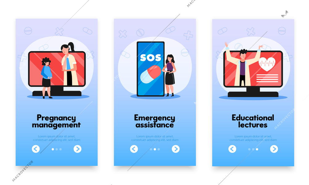 Online medicine vertical banners set with arrow page switch buttons editable text and computers with smartphones vector illustration