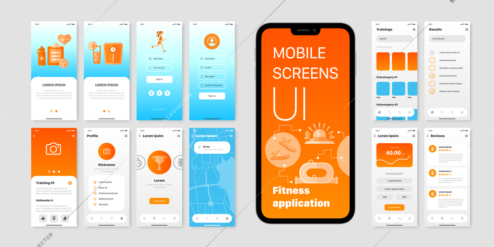 Mobile screens set with user interface of fitness application with username and password fields and training results isolated flat vector illustration