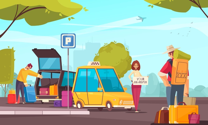 Travel booking transfer concept with two people on the car meet a tourist vector illustration