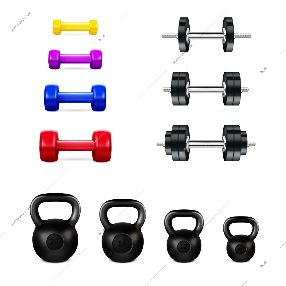 Realistic set of different gym equipment including colorful dumbbells metal kettlebells and barbells isolated vector illustration