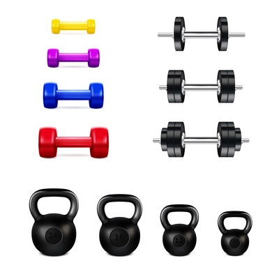 Realistic set of different gym equipment including colorful dumbbells metal kettlebells and barbells isolated vector illustration