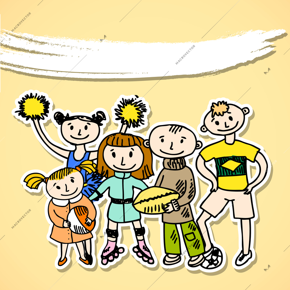 Sport playing carton kids in doodles hand drawn with banner style vector illustration