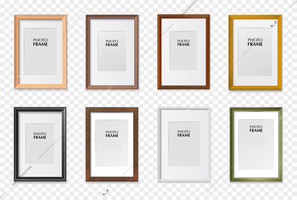 Rectangular a4 paper size picture frames various colors wooden plastic metal realistic set transparent background vector illustration