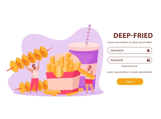 Flat background with form for password and men eating deep fried fast food vector illustration