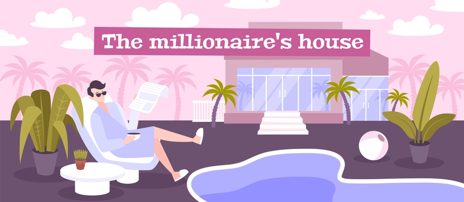Millionaire house flat poster with rich man reading newspaper near swimming pool at  private villa background vector illustration