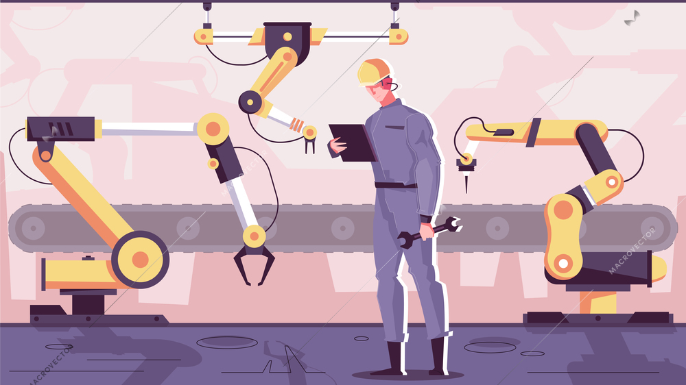 Robotics manufacturing flat composition with industrial robotic arm manipulators controlled by engineer character with assembly line vector illustration