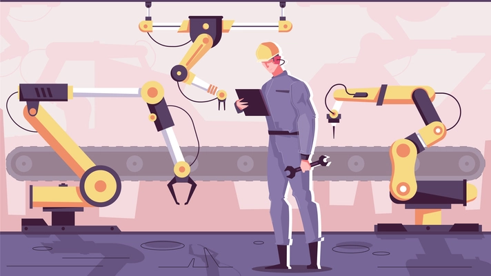 Robotics manufacturing flat composition with industrial robotic arm manipulators controlled by engineer character with assembly line vector illustration