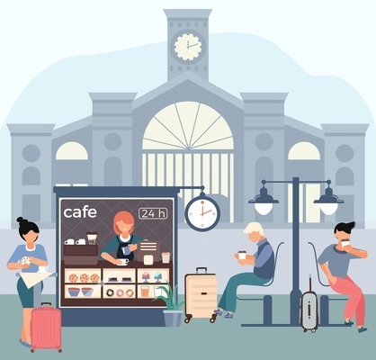 Cafe railway station flat composition with passenger building silhouette background and cafeteria stall with passenger characters vector illustration