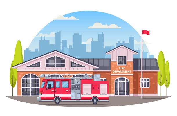 Firefighters cartoon composition with round cityscape silhouette background and fire department building with fire fighting vehicle vector illustration