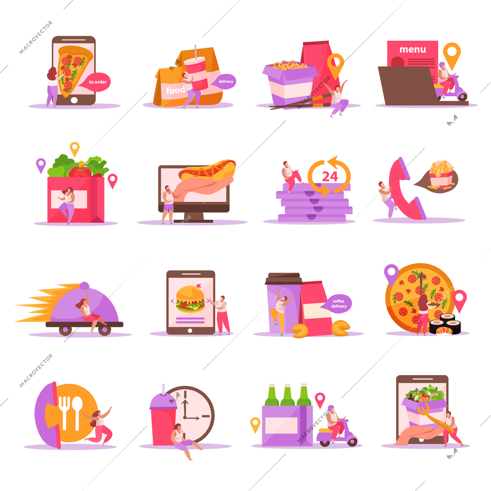 Food delivery flat icons set with isolated images of fastfood meal with packages and courier characters vector illustration