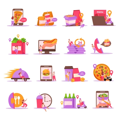 Food delivery flat icons set with isolated images of fastfood meal with packages and courier characters vector illustration