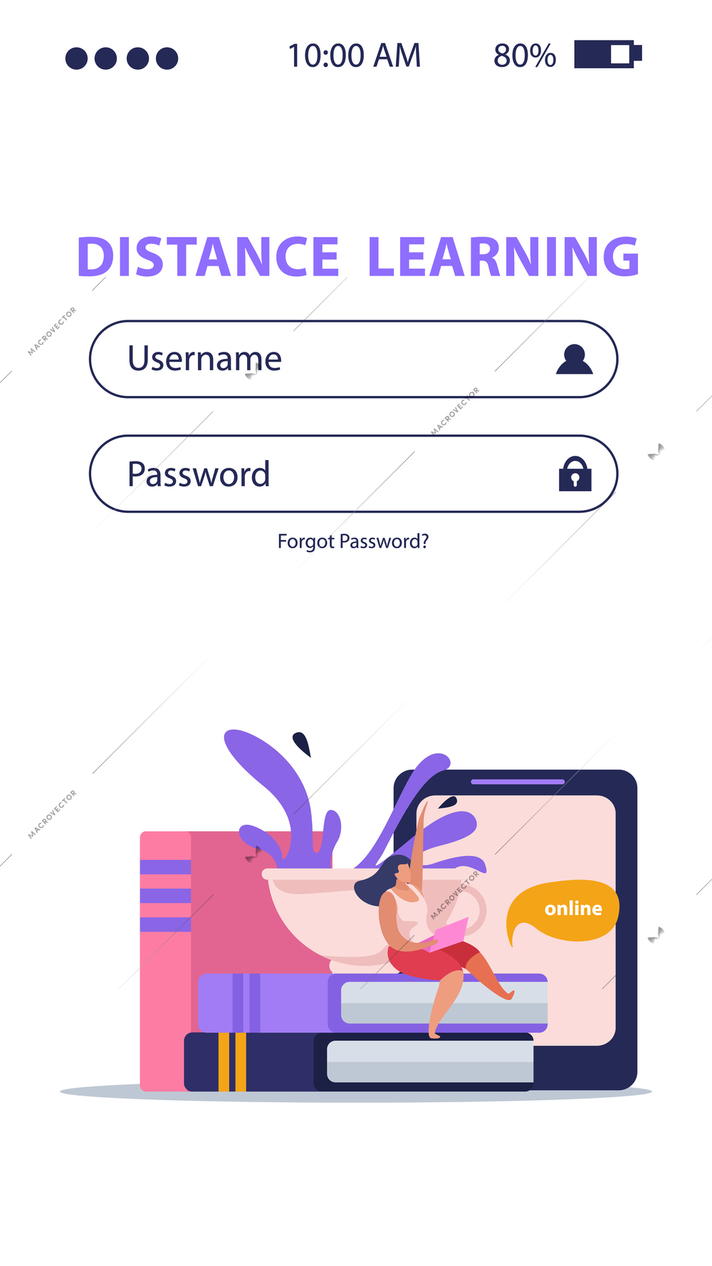 E-learning home schooling flat background for mobile login web page with fields for username password vector illustration