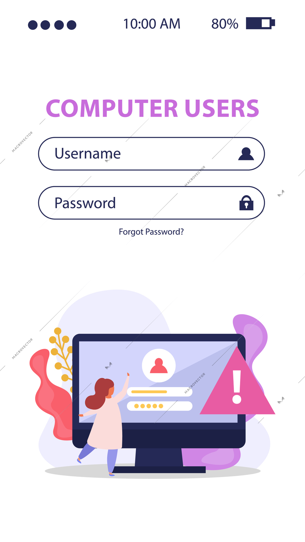 Computer users flat background for mobile authorization page with pc alert images username and password fields vector illustration