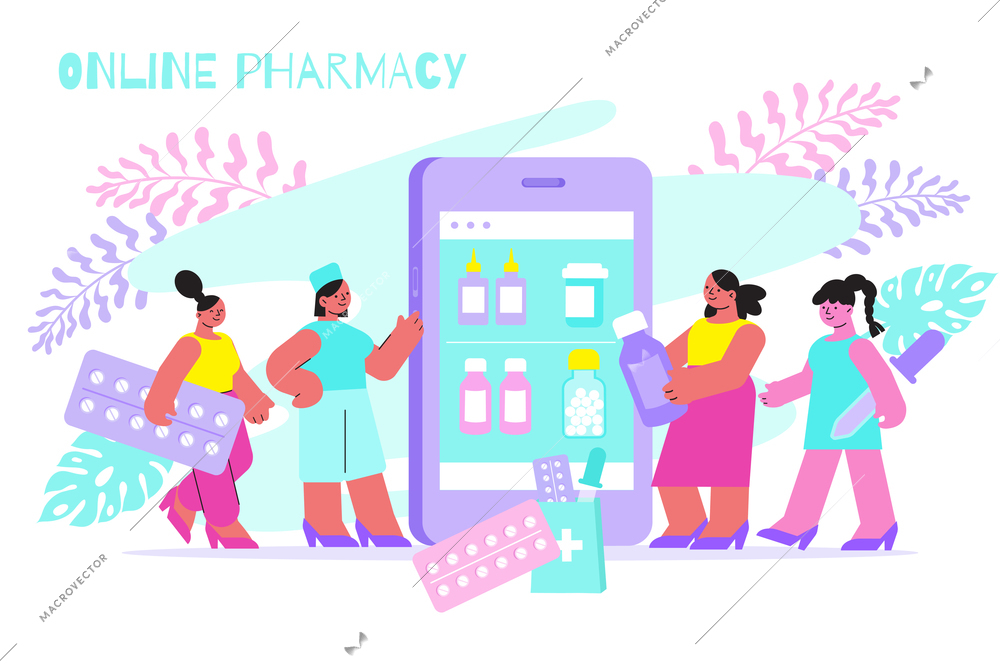 Online pharmacy menu on smartphone screen flat composition with people choosing medication holding pills drops vector illustration