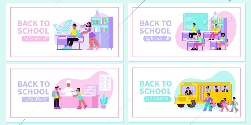 Back to school 4 flat web banners set with library classroom lesson canteen yellow bus vector illustration