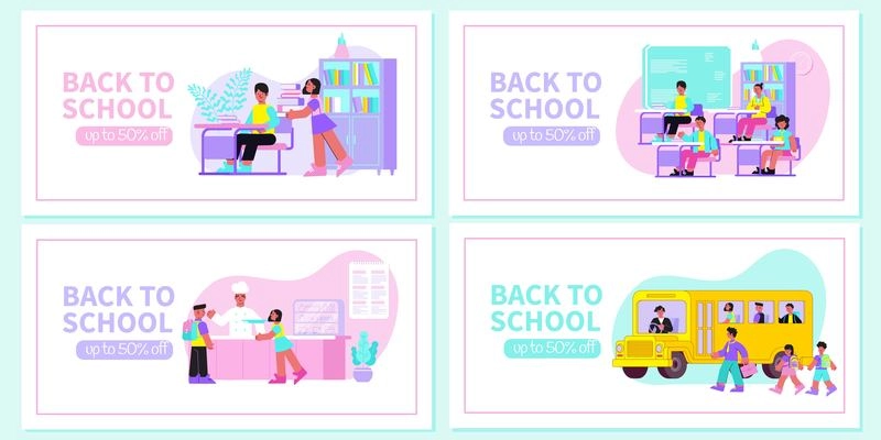 Back to school 4 flat web banners set with library classroom lesson canteen yellow bus vector illustration