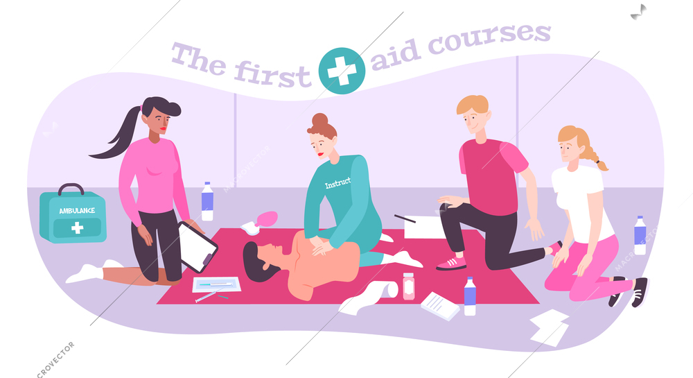 First aid training flat composition with people on training with medical appliances cross and editable text vector illustration