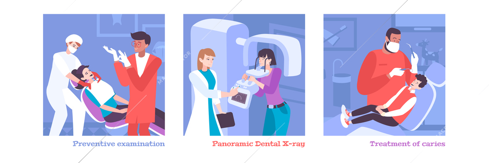 Dentistry set with three square compositions of flat human characters dentists with patients and text captions vector illustration