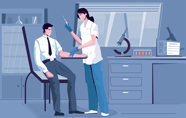 Blood tests flat composition with indoor clinic laboratory interior scenery and patient giving blood for diagnostics vector illustration