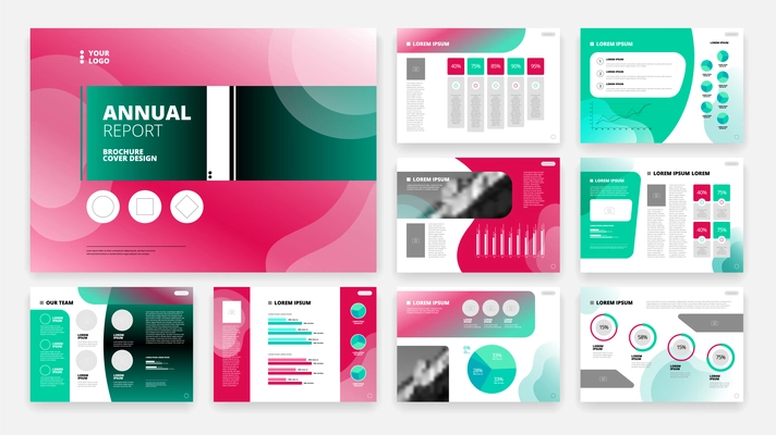 Colorful horizontal business brochure templates set with text field and infographics flat isolated vector illustration