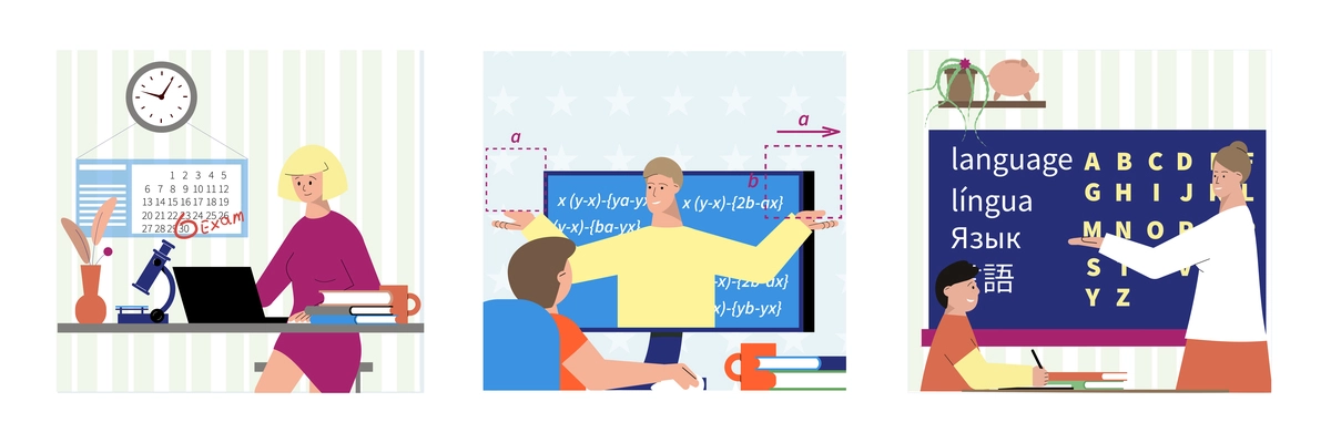 Tutoring set of three square compositions with flat characters of students and remote teachers with classroom vector illustration