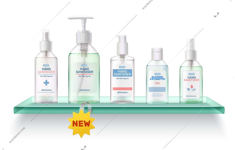 Hand sanitizer full clear plastic press and aerosol dispenser spray bottles on glass shelf realistic vector illustration