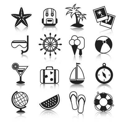 Summer holiday vacation travel agency palm cocktail snorkel mask suitcase baggage pictograms collection black vector isolated illustration