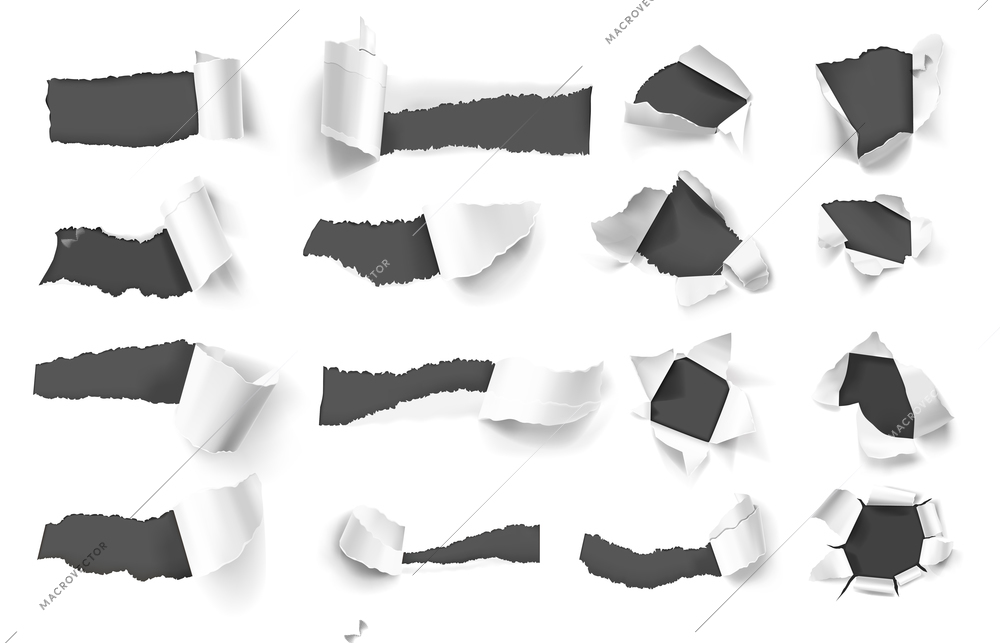 Realistic set with white torn paper holes on dark background isolated vector illustration