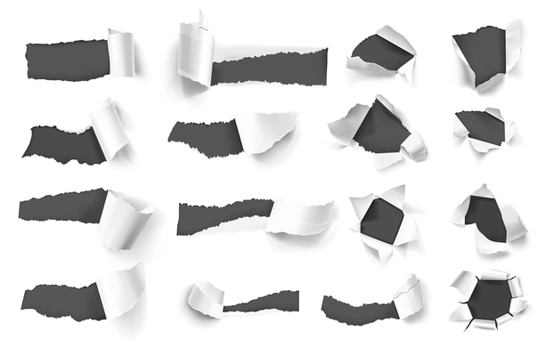 Realistic set with white torn paper holes on dark background isolated vector illustration