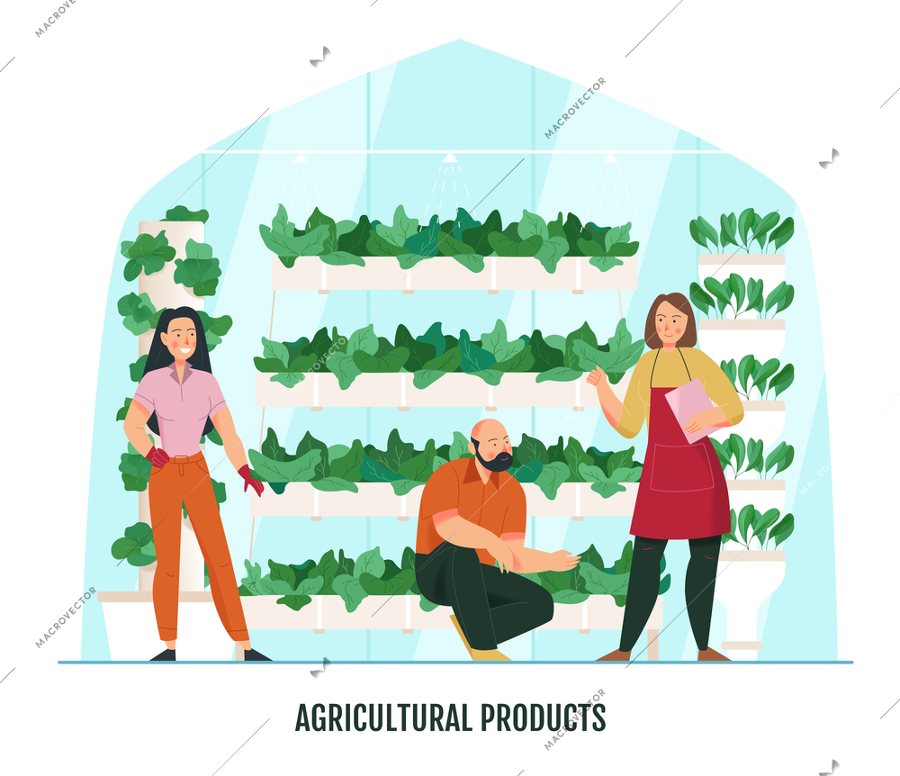 Flat composition with gardeners and pots with plants in greenhouse vector illustration