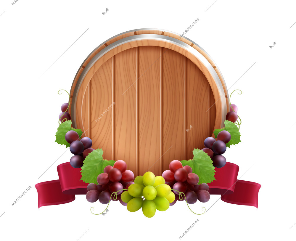 Wooden barrel emblem realistic composition with vine grapes and red ribbon tied round the wine cask vector illustration