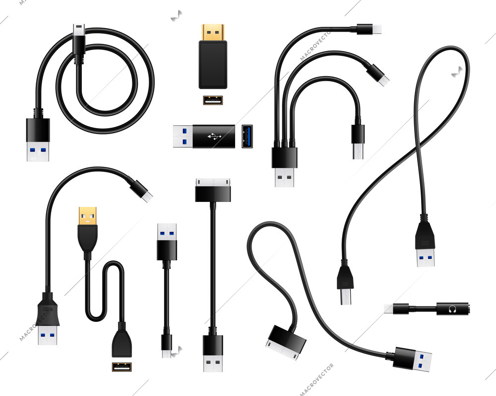 Usb types port plug in realistic connectors set of isolated icons and consumer wire connection images vector illustration