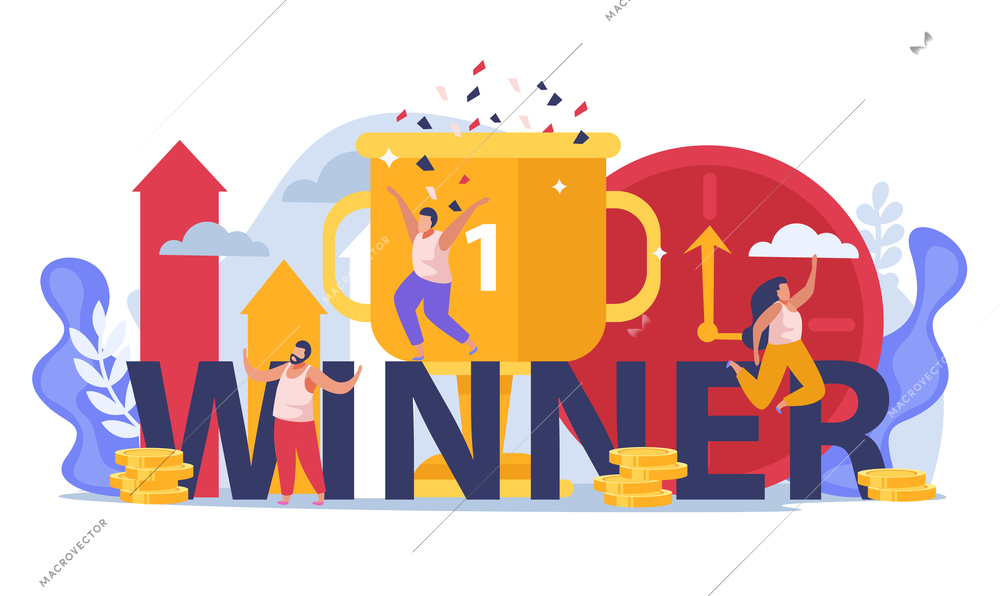 Winner people flat composition with text and images of trophy cup with confetti and human characters vector illustration