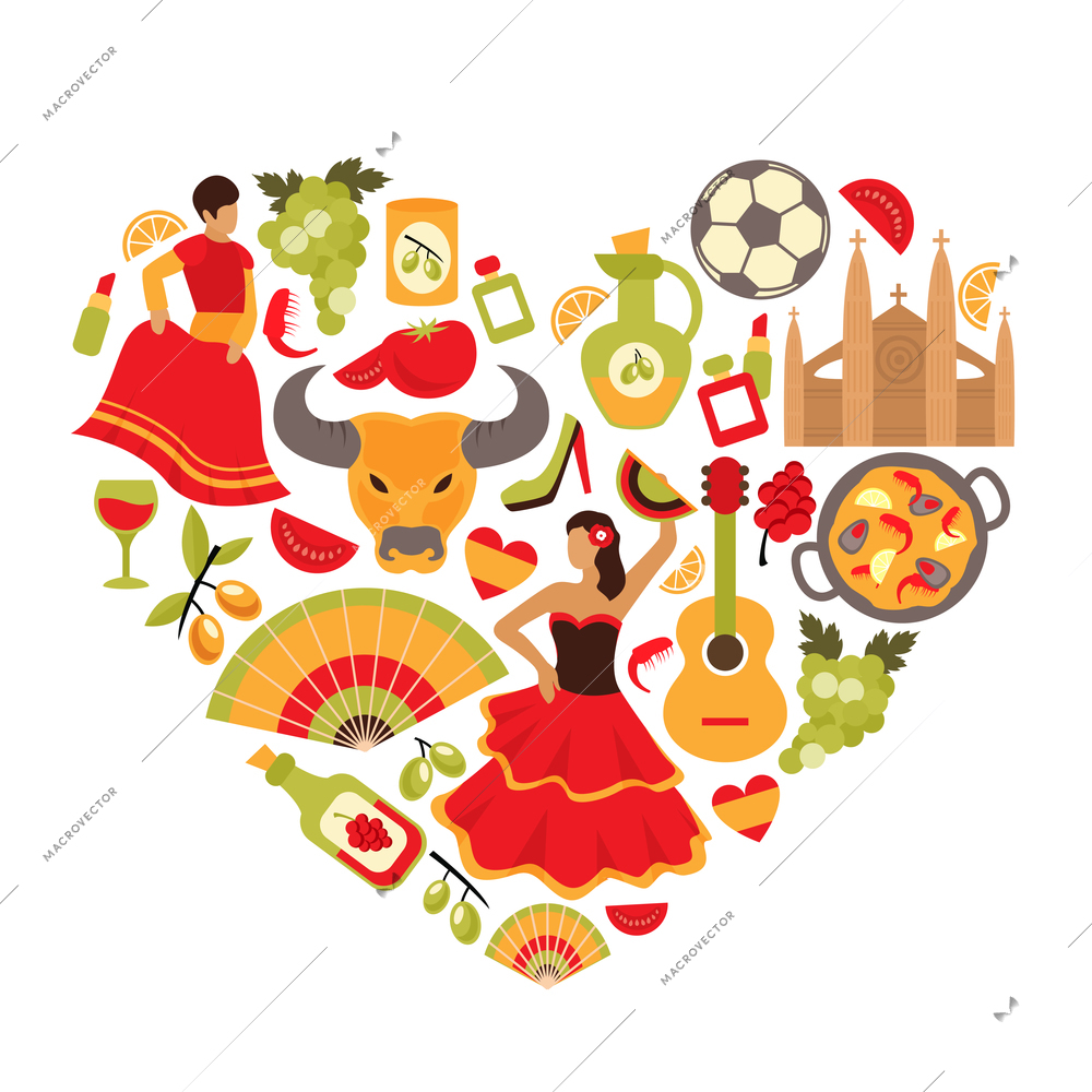 Decorative spain cultural traditions flamenco dance food grape vine emblems heart shape print poster abstract vector illustration