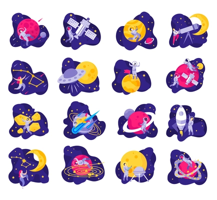 Astronomy space people flat icons collection with isolated doodle style compositions of spacecrafts and planet images vector illustration